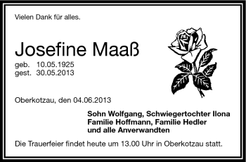 Traueranzeige von Josefine Maaß von Frankenpost
