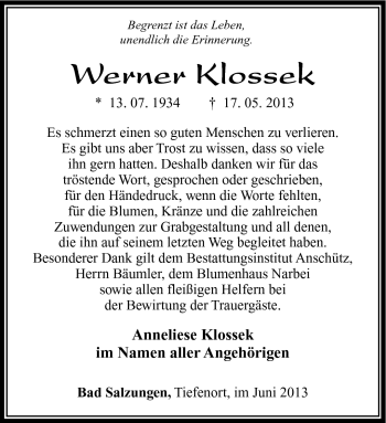 Traueranzeige von Werner Klossek von Südthüringer Presse