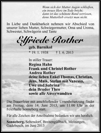 Traueranzeige von Elfriede Rother von Südthüringer Presse