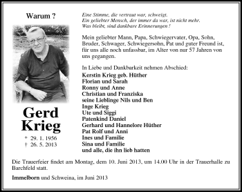Traueranzeige von Gerd Krieg von Südthüringer Presse