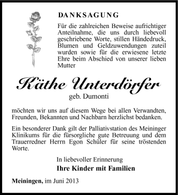 Traueranzeige von Käthe Unterdörfer von Südthüringer Presse