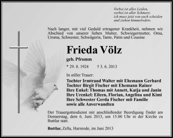 Traueranzeige von Frieda Völz von Südthüringer Presse