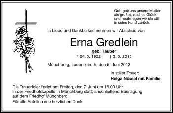 Traueranzeige von Erna Gredlein von Frankenpost