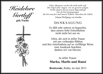 Traueranzeige von Heidelore Gertloff von Südthüringer Presse