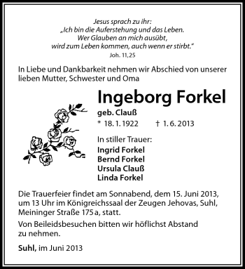 Traueranzeige von Ingeborg Forkel von Südthüringer Presse