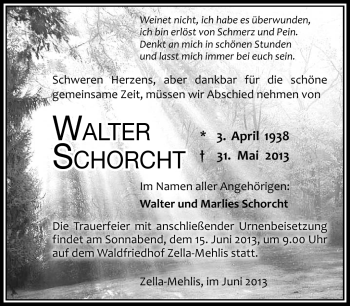 Traueranzeige von Walter Schorcht von Südthüringer Presse