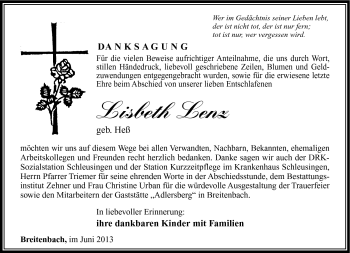 Traueranzeige von Lisbeth Lenz von Südthüringer Presse