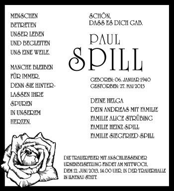 Traueranzeige von Paul Spill von Südthüringer Presse