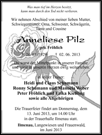 Traueranzeige von Anneliese Pilz von Südthüringer Presse