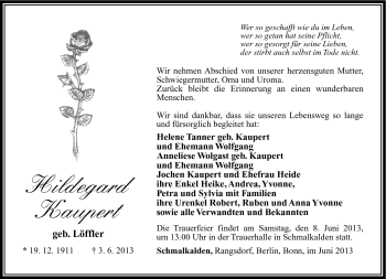 Traueranzeige von Hildegard Kaupert von Südthüringer Presse