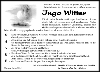 Traueranzeige von Ingo Witter von Südthüringer Presse