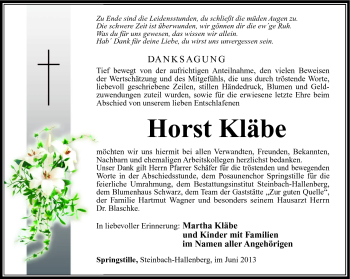 Traueranzeige von Horst Kläbe von Südthüringer Presse