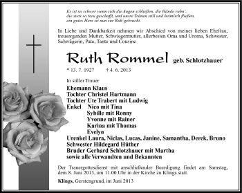 Traueranzeige von Ruth Rommel von Südthüringer Presse