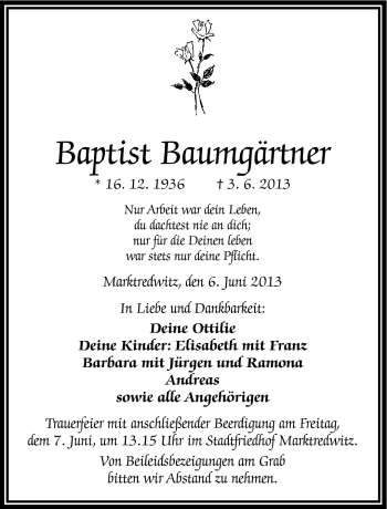 Traueranzeige von Baptist Baumgärtner von Frankenpost