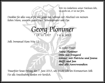 Traueranzeige von Georg Plommer von Frankenpost