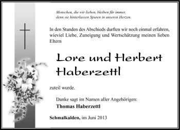 Traueranzeige von Lore und Herbert Haberzettl von Südthüringer Presse