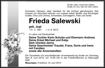 Traueranzeige von Frieda Salewski von Südthüringer Presse
