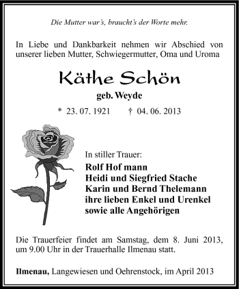 Traueranzeige von Käthe Schön von Südthüringer Presse