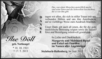 Traueranzeige von Ilse Döll von Südthüringer Presse