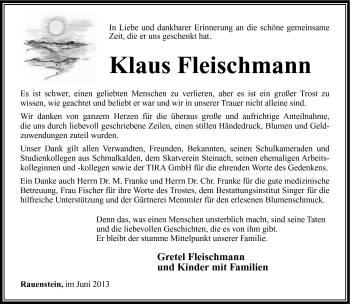 Traueranzeige von Klaus Fleischmann von Südthüringer Presse