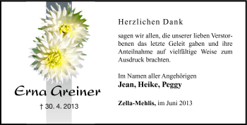 Traueranzeige von Greiner Erna von Südthüringer Presse