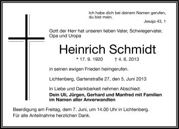 Traueranzeige von Heinrich Schmidt von Frankenpost