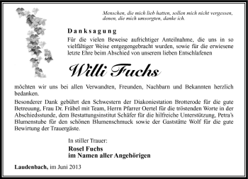 Traueranzeige von Willi Fuchs von Südthüringer Presse