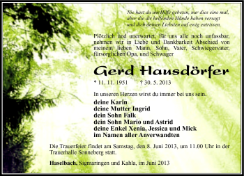 Traueranzeige von Gerd Hausdörfer von Südthüringer Presse