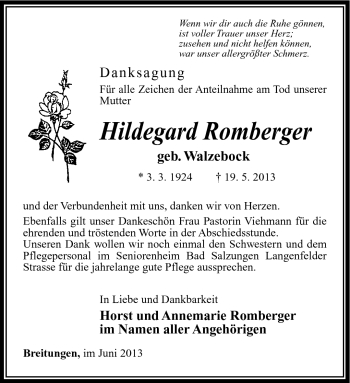 Traueranzeige von Hildegard Romberger von Südthüringer Presse