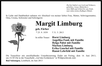 Traueranzeige von Margit Limburg von Südthüringer Presse