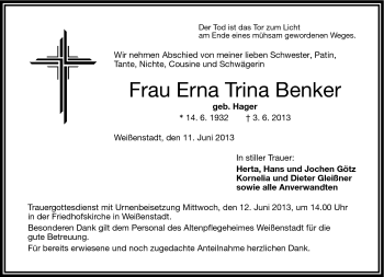 Traueranzeige von Erna Trina Benker von Frankenpost