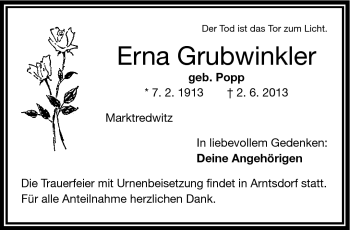 Traueranzeige von Erna Grubwinkler von Frankenpost