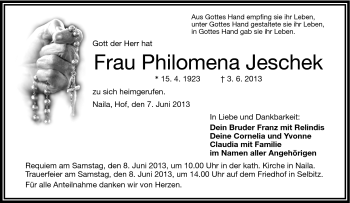 Traueranzeige von Philomena Jeschek von Frankenpost