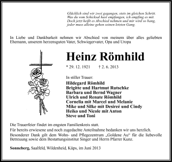 Traueranzeige von Heinz Römhild von Südthüringer Presse