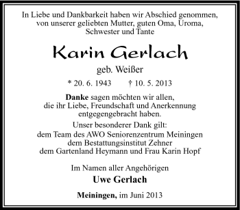 Traueranzeige von Karin Gerlach von Südthüringer Presse