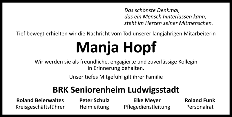  Traueranzeige für Manja Hopf vom 06.06.2013 aus Neue Presse Coburg