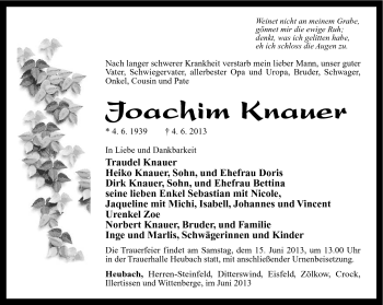Traueranzeige von Joachim Knauer von Südthüringer Presse