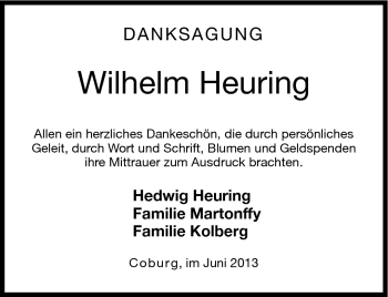 Traueranzeige von Wilhelm Heuring von Neue Presse Coburg