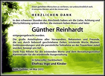 Traueranzeige von Günther Reinhardt von Südthüringer Presse