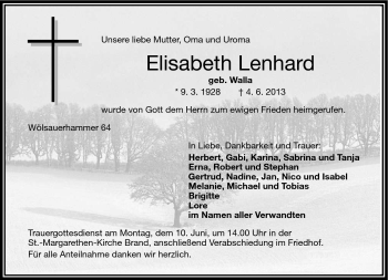 Traueranzeige von Elisabeth Lenhard von Frankenpost