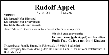 Traueranzeige von Rudolf Appel von Frankenpost