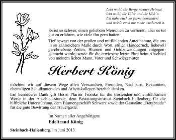 Traueranzeige von Herbert König von Südthüringer Presse