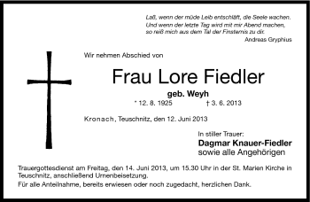 Traueranzeige von Lore Fiedler von Neue Presse Coburg