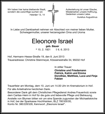 Traueranzeige von Eleonore Israel von Frankenpost