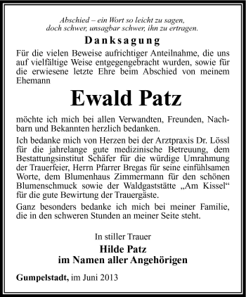 Traueranzeige von Ewald Patz von Südthüringer Presse
