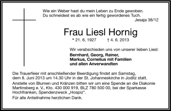 Traueranzeige von Liesl Hornig von Frankenpost