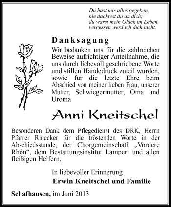 Traueranzeige von Anni Kneitschel von Südthüringer Presse
