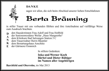 Traueranzeige von Betra Bräunning von Südthüringer Presse