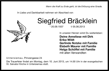 Traueranzeige von Siegfried Bräcklein von Neue Presse Coburg