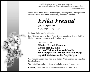 Traueranzeige von Erika Freund von Südthüringer Presse